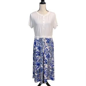 Nina Leonard Blue and White Blouson Drawstring Waist Dress Size Medium